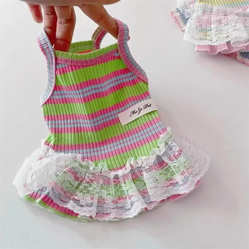 Ropa de encaje a cuadros para mascotas, Top con tirantes a rayas, ropa para perros y gatos, falda bonita de princesa, chaleco de peluche para perros pequeños, ropa fina para cachorros - imagen 3