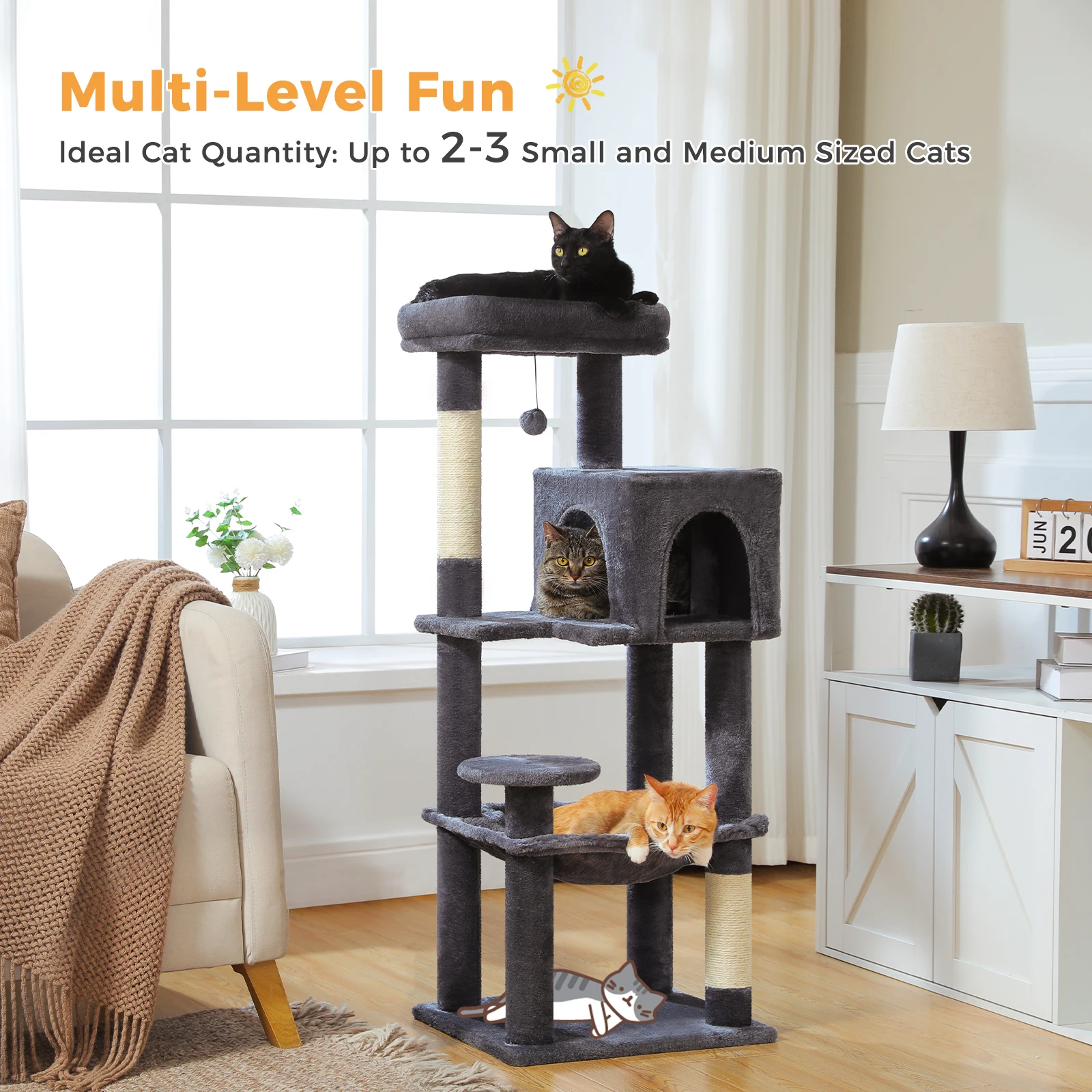 Árbol para gatos de varios niveles con postes rascadores de Sisal, hamaca grande acogedora, torre para gatos de peluche para interior, casa para gatitos, cama, juguetes para gatos - imagen 2
