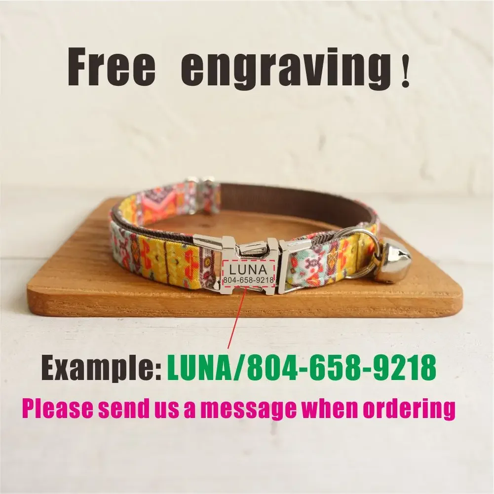 Collar de gato personalizado, nombre de identificación personalizado, contactos, hebilla de metal, collares de gato bohemios marrones ajustables con campana - imagen 4