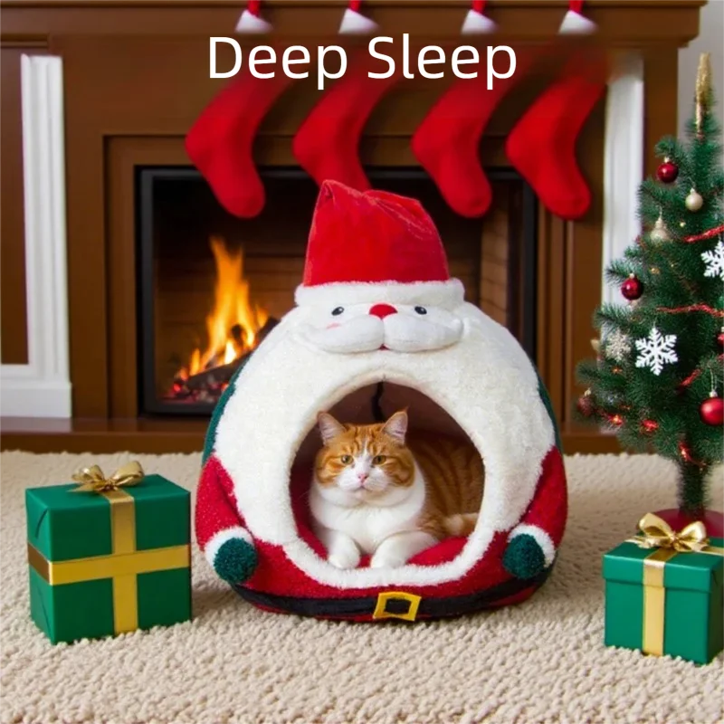 Cama navideña para mascotas, casa de Papá Noel, nido calmante de felpa cálido para perros y gatos, almohadilla para perrera de invierno para gatos de interior, perros pequeños, refugio acogedor - imagen 3