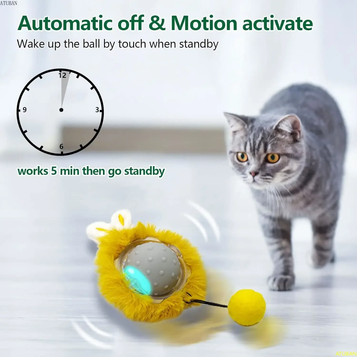 ATUBAN-juguetes interactivos para gatos, pelota Super Drive, juguete eléctrico para gatos, coche robótico rodante automático, activación por movimiento, juguete para gatos de encendido/apagado automático - imagen 3
