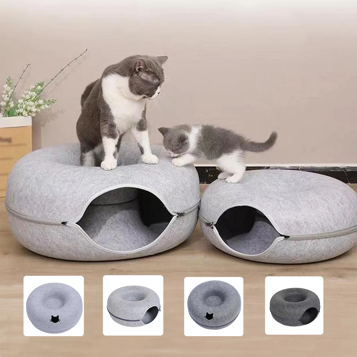 Túnel rosquilla para gatos 2 en 1: interactivo de fieltro y cama - imagen 2