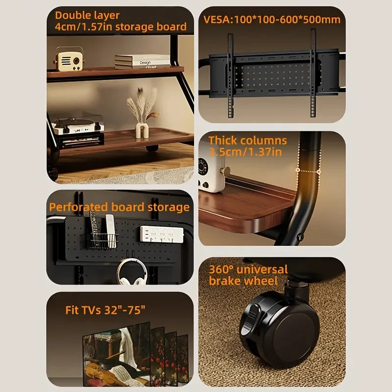 Carro de TV móvil de hierro ajustable con estante de almacenamiento, soporte de TV rodante, máximo VESA 600x500 mm, para pantallas de 32-75 pulgadas para oficina en casa - imagen 5