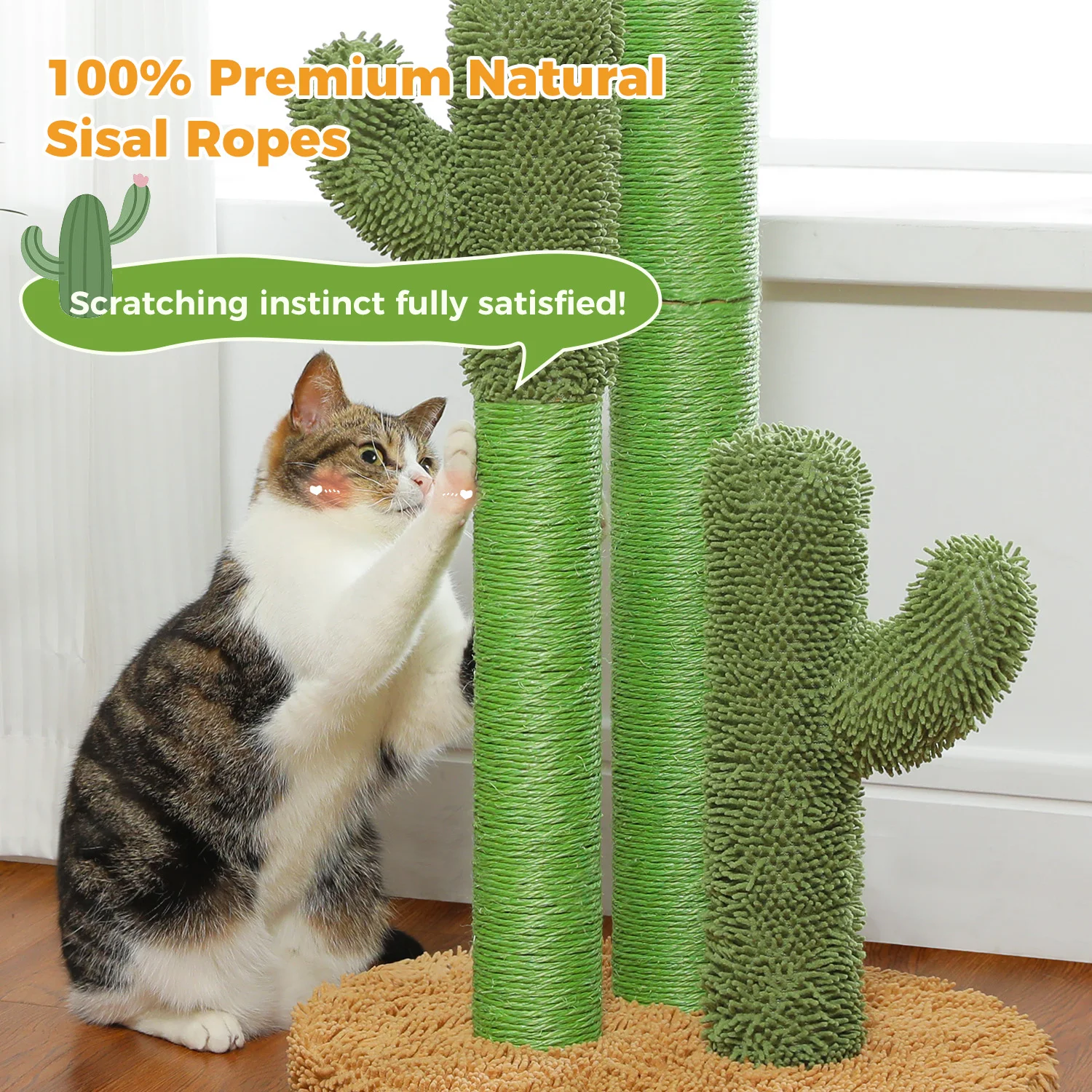 Poste rascador para gatos con 3 postes rascadores naturales y bola colgante interactiva, rascador para gatos de cactus para interiores, juguetes para gatos - imagen 4