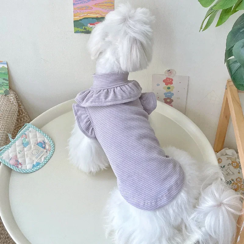 Ropa para mascotas, camisa básica de verano e invierno con cuello de encaje de felpa, camiseta con mangas voladoras, ropa para cachorros, Top de invierno a rayas moradas - imagen 3