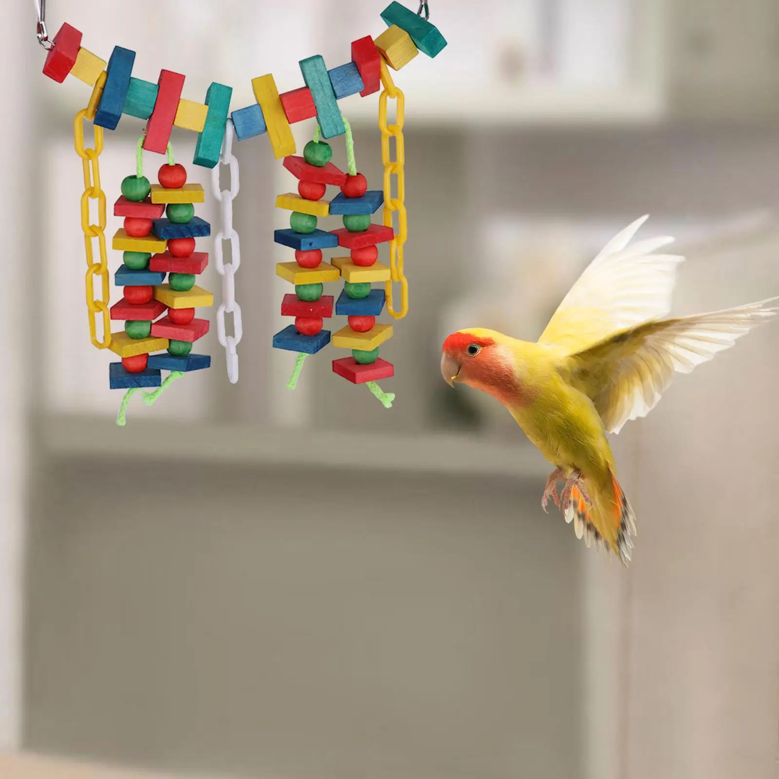 Multicolored Wooden Blocks Parrot Cage Bite Toy for Macaws Caiques