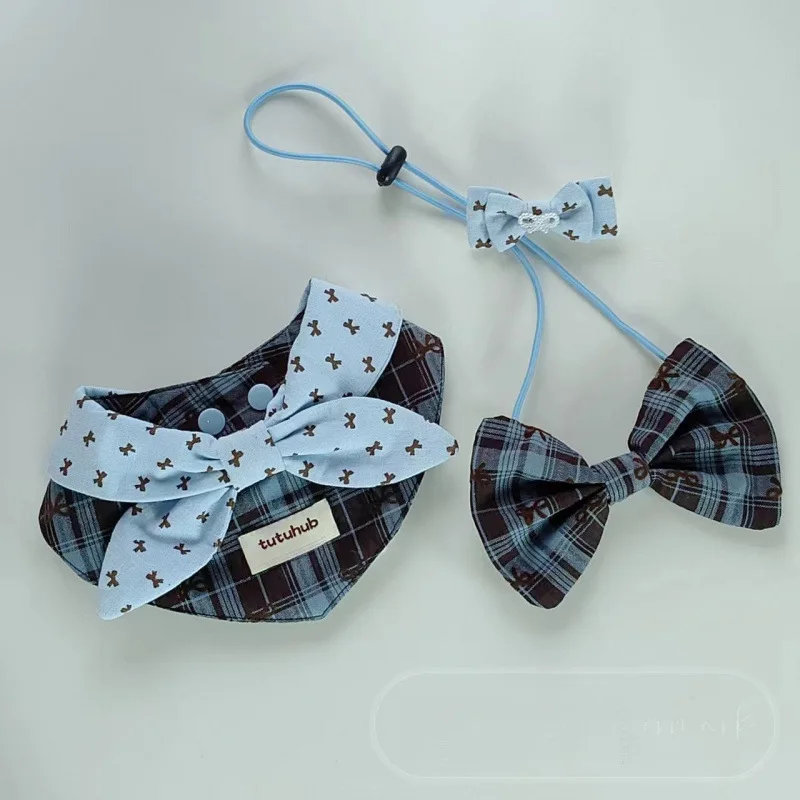 Babero con lazo a cuadros para mascotas, babero para gatos, bufanda Triangular, Collar, diadema con lazo bonito para perros pequeños, ropa para cachorros, ropa para perros pequeños