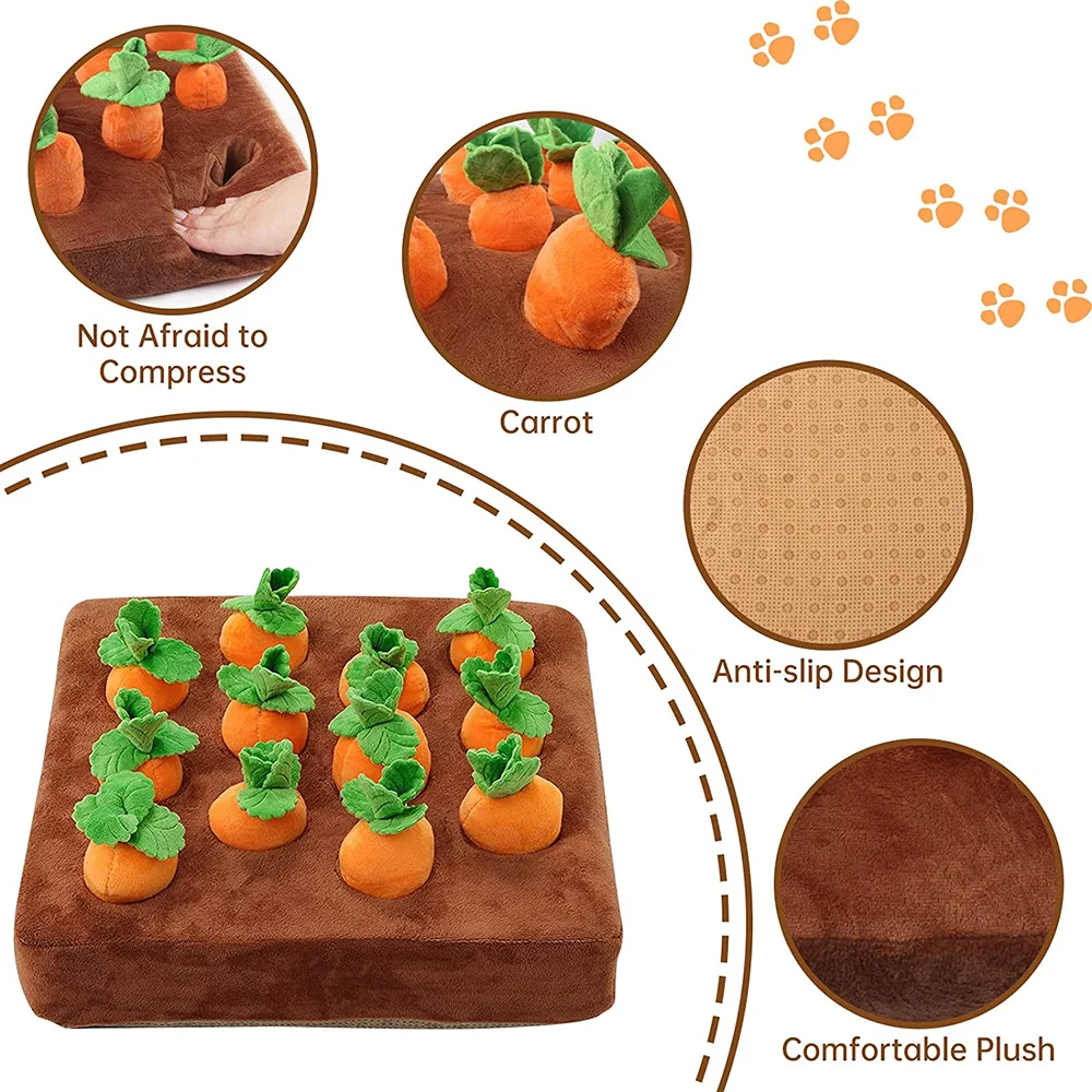Estera de Snuffle de zanahoria de peluche para perros, juguete para masticar verduras para mascotas, innovador, ocultar comida, tirar de rábano, mejorar los hábitos alimenticios, juguetes interactivos - imagen 2