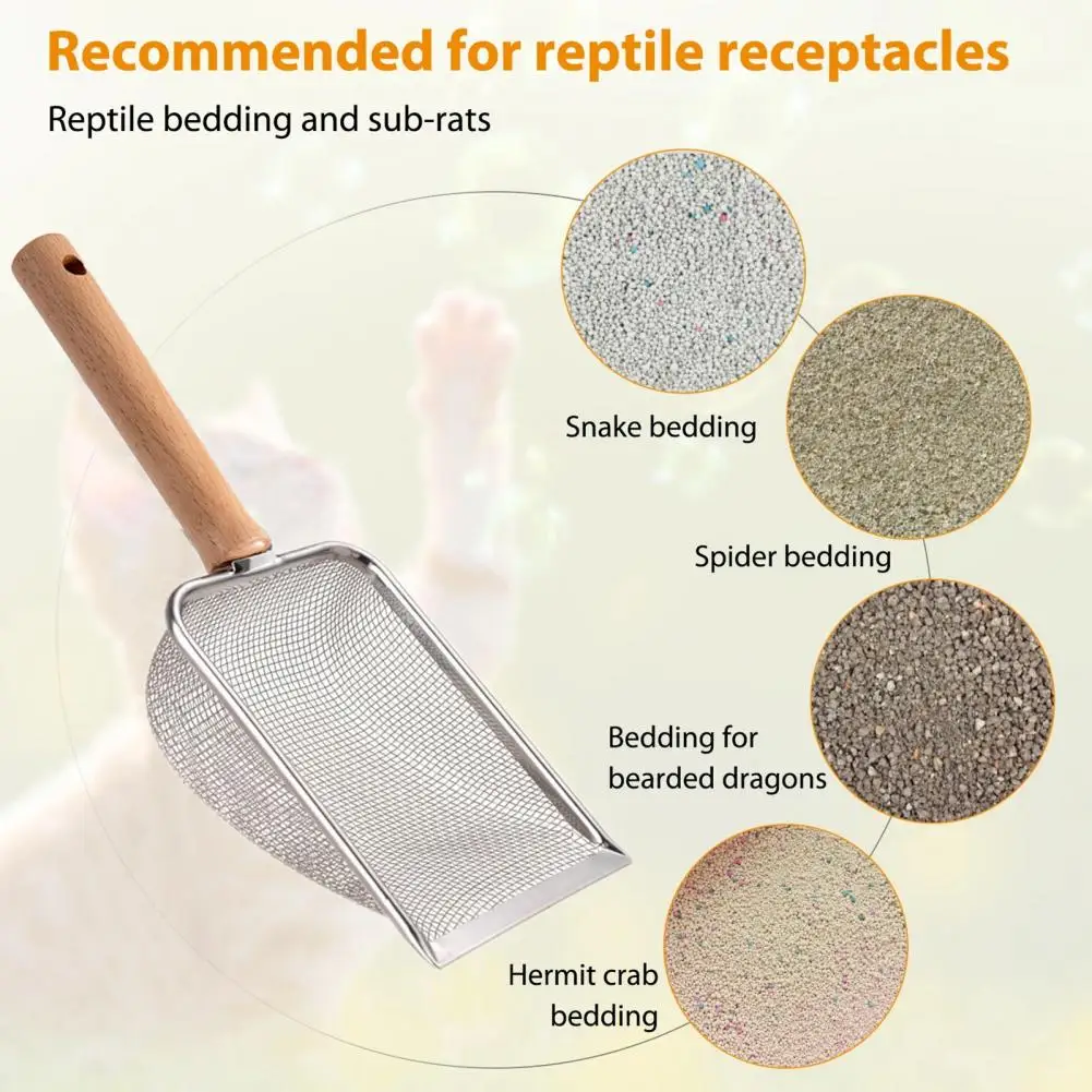 Pala de arena para gatos eficiente con mango de madera ergonómico, diseño de malla hueca reutilizable, todo en uno - imagen 2