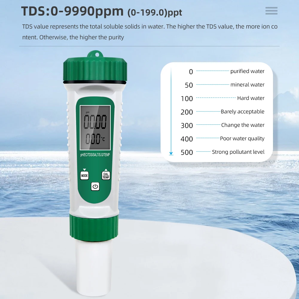 Probador de calidad del agua de alta precisión, Detector de temperatura 6 en 1, medidor de PH, prueba de temperatura para piscina y Acuario - imagen 5