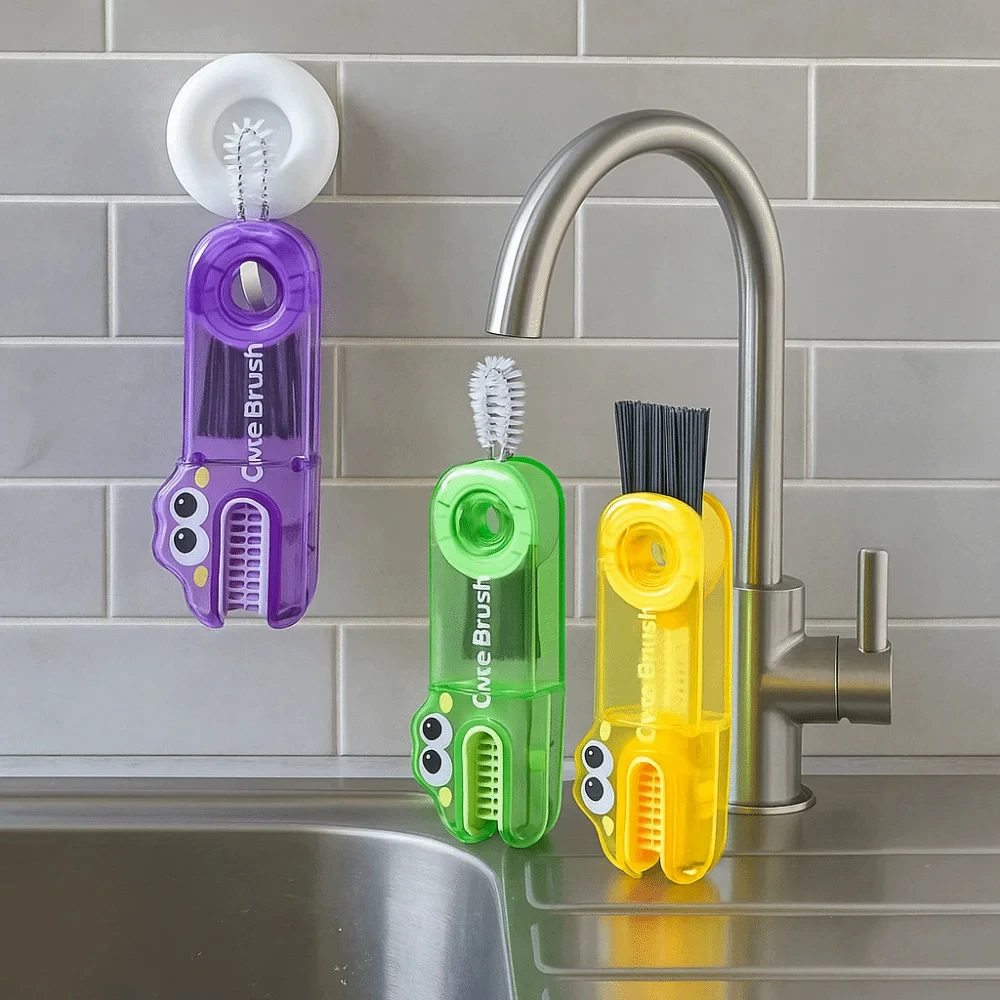 3 en 1 taza multifuncional tapa cepillo taza lindo cocodrilo tapa limpiador de grietas cepillo de limpieza colgante para biberón - imagen 3