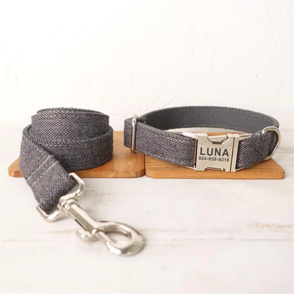 Collar de perro personalizado con grabado gratuito, correa para mascotas a juego, hebilla de Metal de contactos personalizados, Collar para mascotas de fibra de traje gris