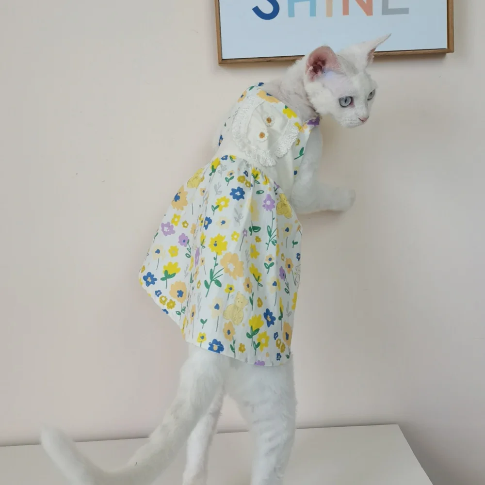 Falda de algodón floral delgada para gato Sphynx en amarillo verano, vestido dulce sin mangas para gata en primavera, camiseta sin mangas para gatitos