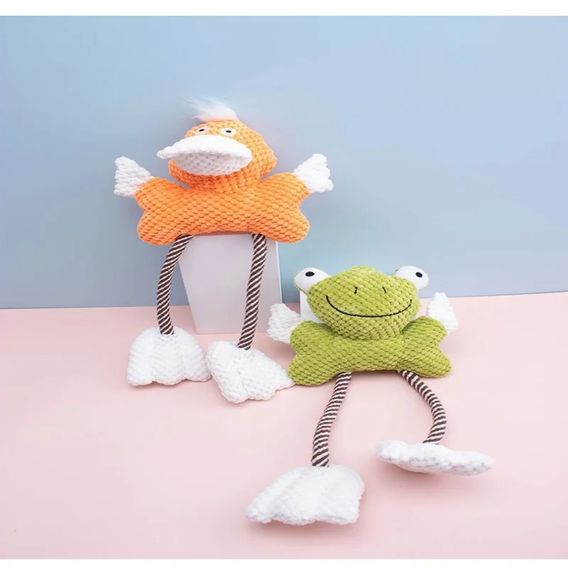 Juguetes de peluche chirriantes a prueba de mordeduras para perros, limpieza de dientes, pato de dibujos animados, forma de rana, juguete con sonido para apretar para mascotas, sonido suave y divertido - imagen 4