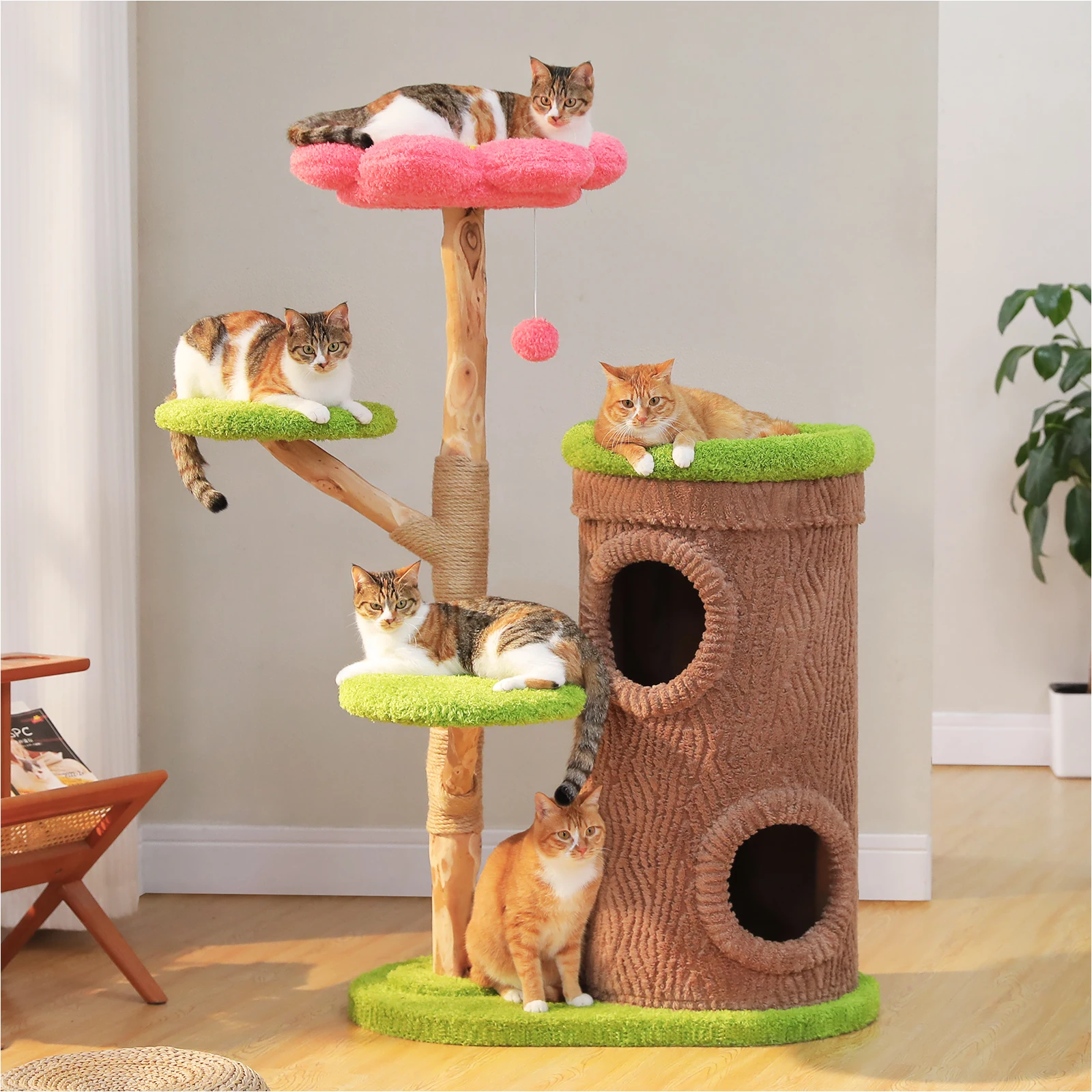 Árbol para gatos grande con casas, poste rascador y cama floral - imagen 5