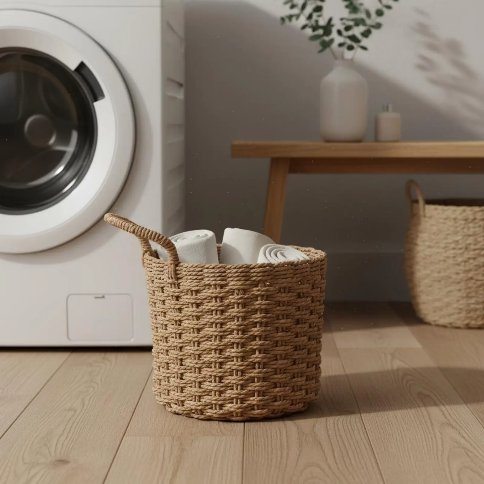 Cesta de mimbre decorativa con asas – Estilo Boho para entrada