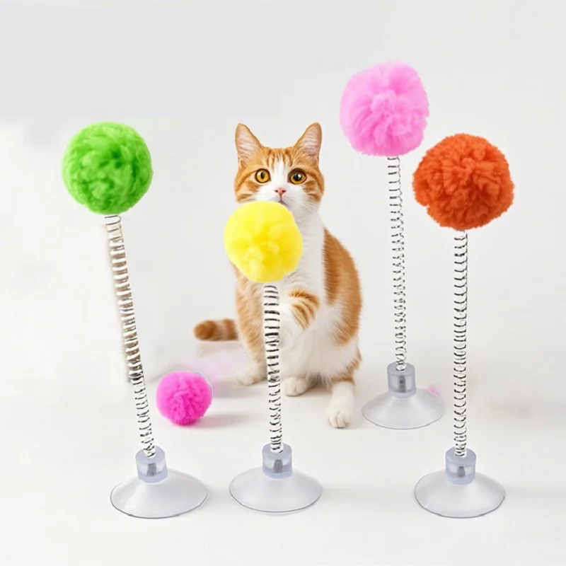Bola de pelo de 5 piezas, juguete para gatos de primavera, ventosa, varita de rompecabezas multicolor, juguetes interactivos para mascotas, rascador para gatos, suministros de juguetes de Color aleatorio