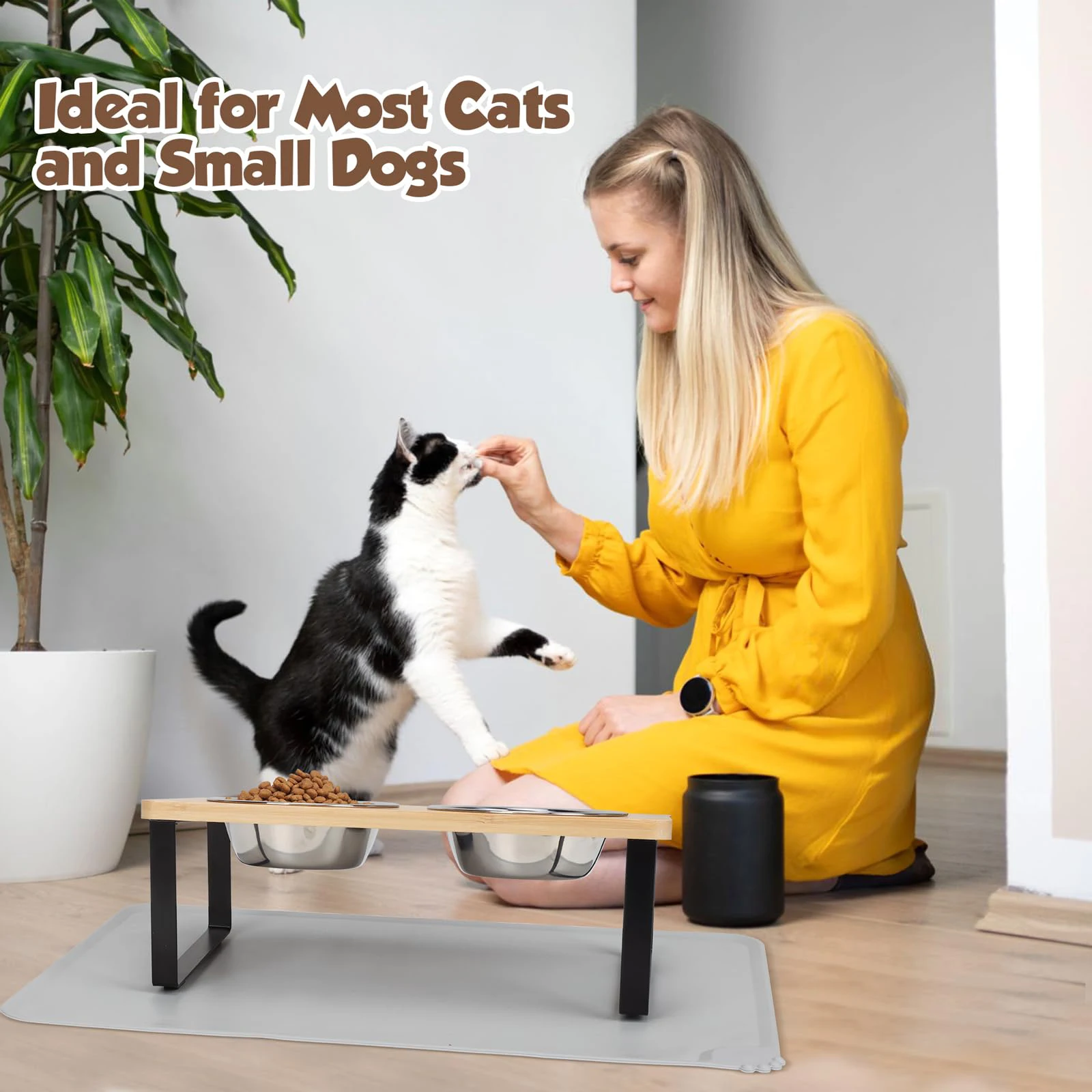 Cuencos elevados para gatos Comedero para mascotas 15 °   Cuencos de comida para gatos elevados inclinados con soporte de madera, 2 cuencos de acero inoxidable para gatos y cachorros - imagen 5