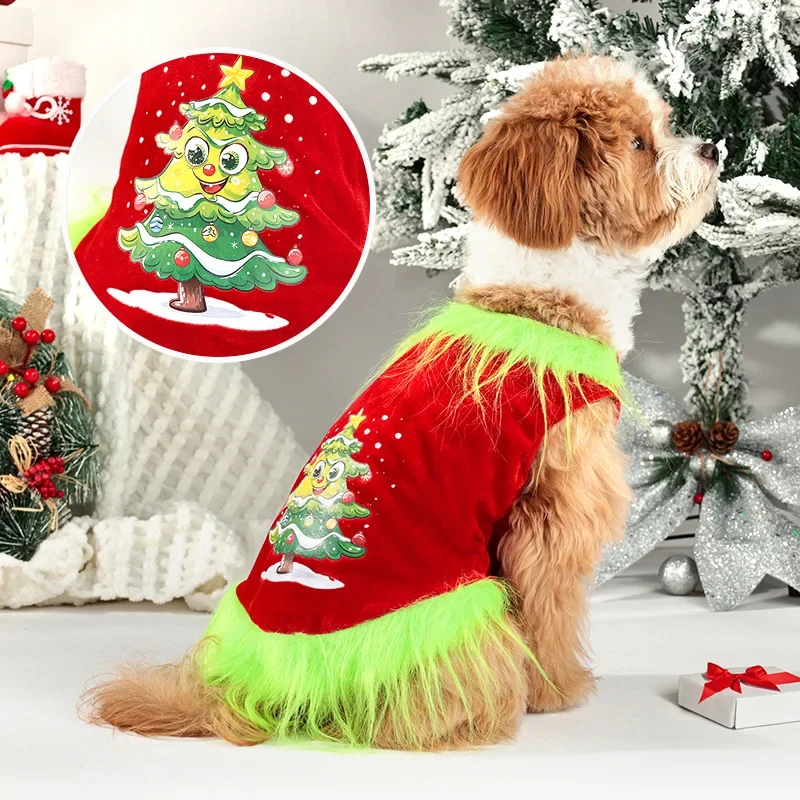 Tallas S–XL para perros pequeños y medianos Chaleco para perros con ribete peludo y árbol de Navidad, camisa navideña cálida de terciopelo, rojo/verde, flecos divertidos, - imagen 2