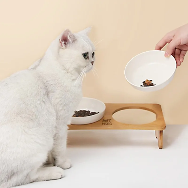 Cuencos dobles de comida para gatos con marco de bambú, vajilla para beber para mascotas, dispensador de agua Cervical protector para el hogar, contenedor alimentador para cachorros - imagen 2