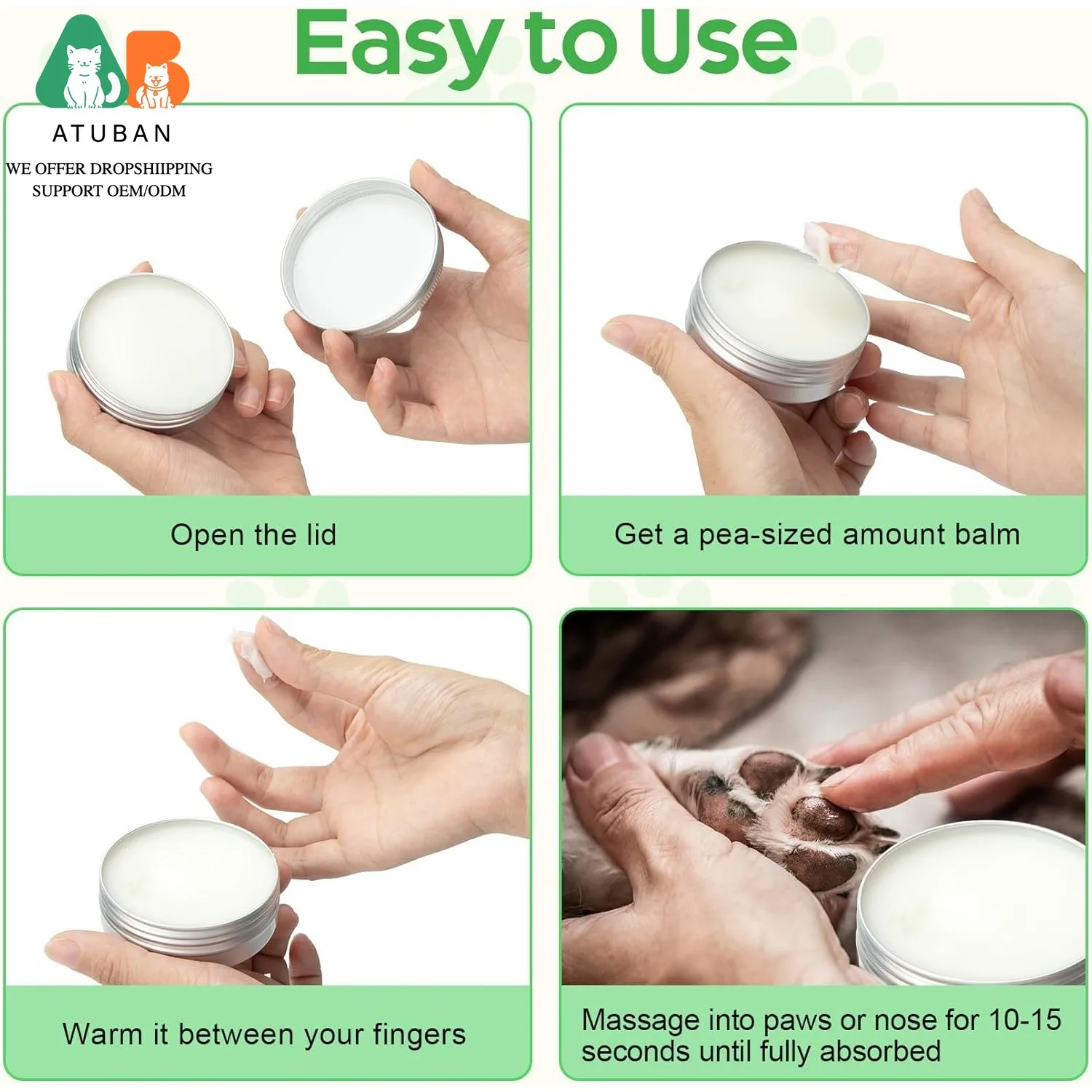 ATUBAN Bálsamo para patas de perro y bálsamo para la nariz, Protector totalmente natural para patas de perro y gato, chupete, aceite de coco orgánico para patas secas y agrietadas de perro, nariz