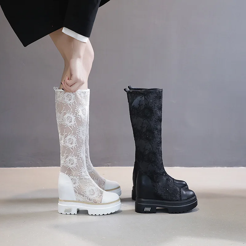 Botas de malla bordadas blancas para primavera/verano 2025, nuevas botas de mujer transpirables y versátiles de malla para aumentar la longitud - imagen 4