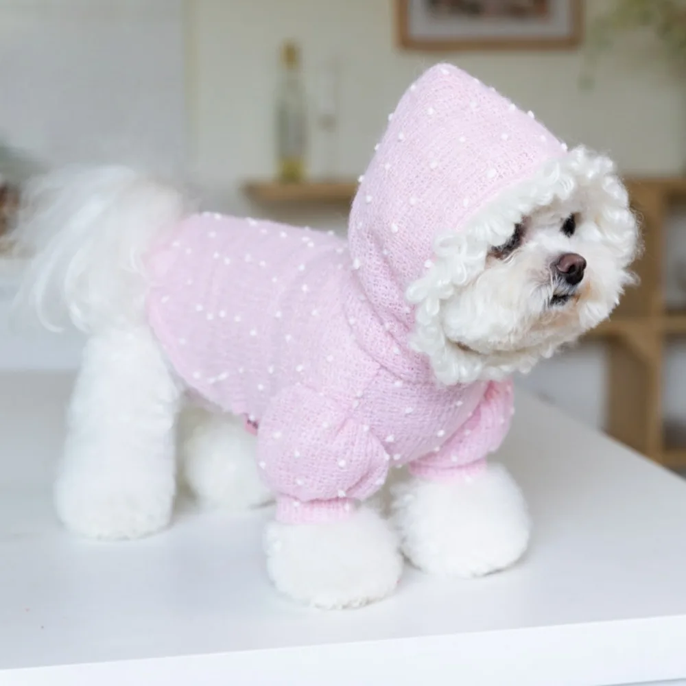 Sudadera con capucha de punto para perro, abrigo de manga de burbuja de lunares, ropa de peluche para mascotas, sombrero de felpa, ropa para perros pequeños, Navidad, Otoño e Invierno - imagen 4
