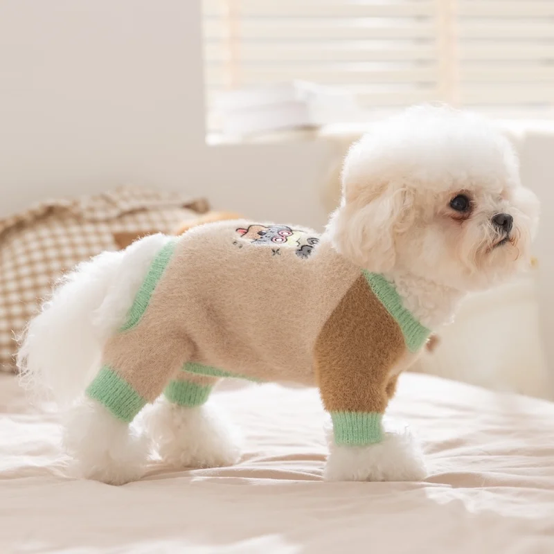 Sudadera de cuatro mallas de lana suave para perros pequeños y medianos, monos con estampado de dibujos animados para otoño e invierno, ropa para cachorros de Año Nuevo - imagen 3