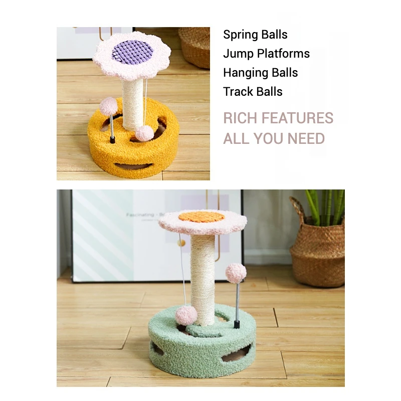 Torre de escalada para gatos de girasol, árbol pequeño para gatos con forro polar de peluche, diseño de felpa suave, postes rascadores de Sisal, bola de pista, bola de resorte
