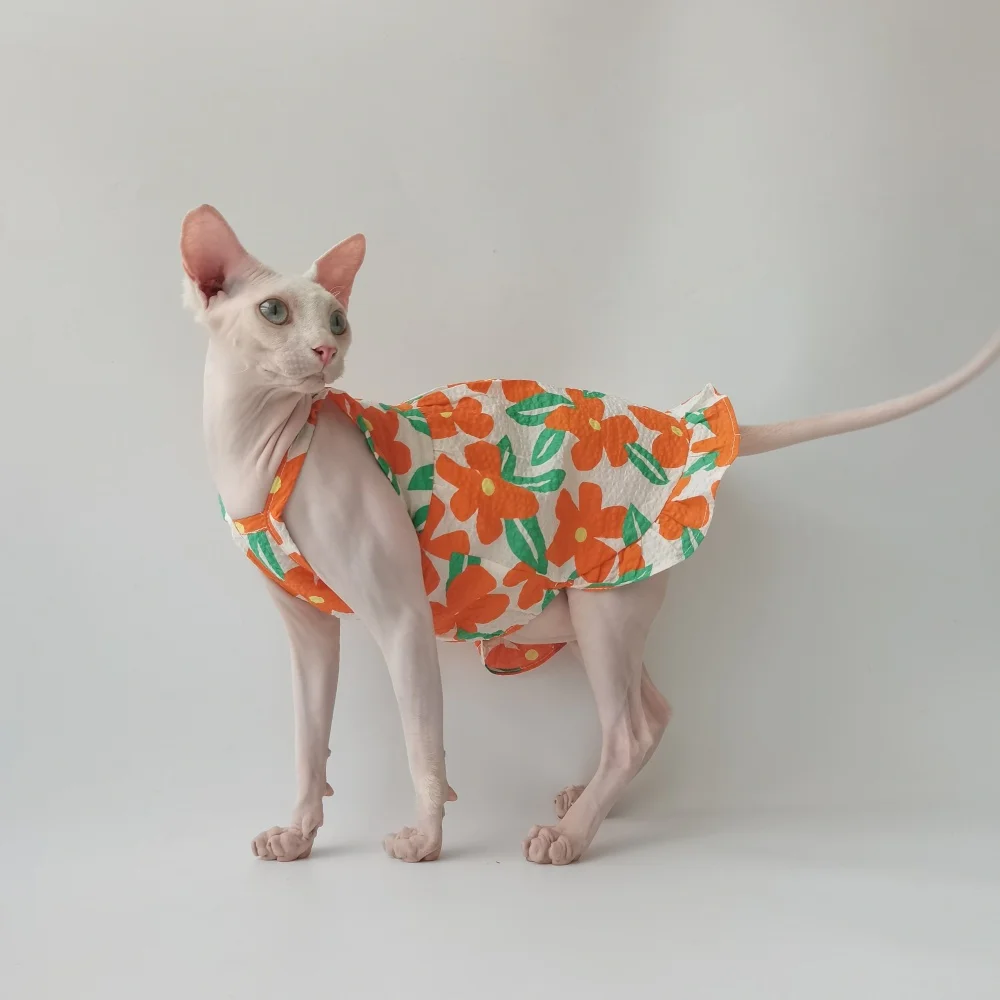 Falda floral de algodón naranja para gato Sphynx Vestido dulce azul de verano para gato sin pelo Camisola suave y transpirable para gatitos
