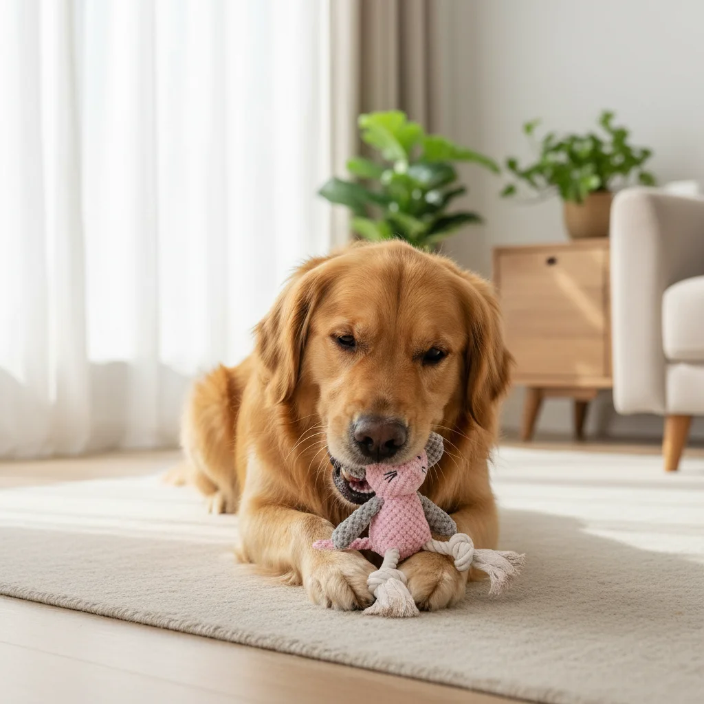 Juguete perro peluche chirriante con ratón y nudo algodón - imagen 2