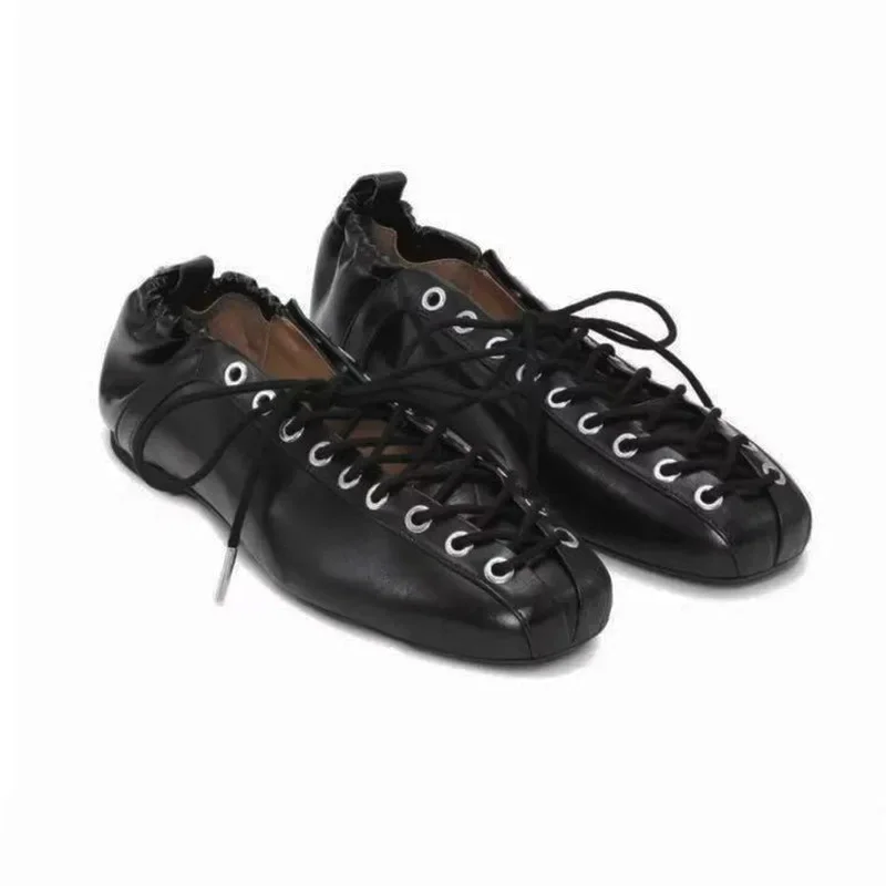 Zapatos planos de Ballet a la moda para mujer, novedad de primavera y verano, zapatos informales con cordones y punta redonda, zapatos con suela de goma Interior de cuero - imagen 5