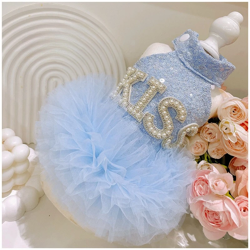 Pet malha retalhos pérola amor vestido de princesa vestido de lantejoulas teddy saia fofa colete roupas para cães designer roupas de cachorro - imagen 2