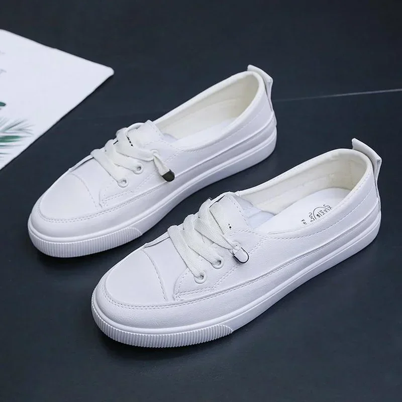Zapatillas de deporte de plataforma baja, zapatos de mujer, zapatillas de cuero Pu para caminar, mocasines, zapatos informales vulcanizados planos blancos