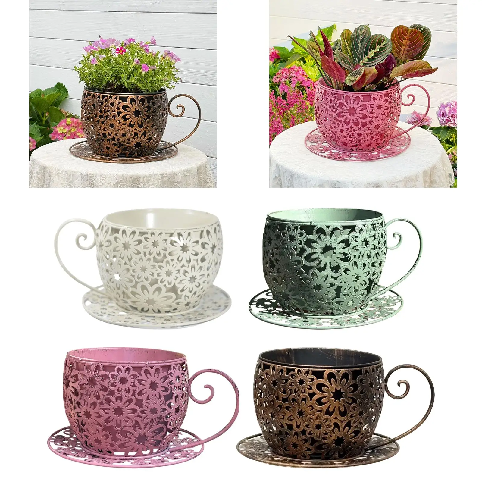 Creative Iron Planter Pot Elegant Teacup Flower Vase Vintage Art Balcony Decor for Indoor Outdoor Use