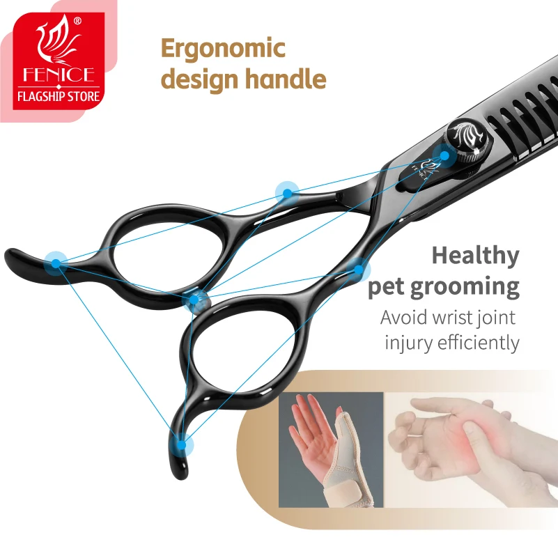 Fenice JP440C tijeras profesionales de peluquería canina negra de acero, tijeras rectas más delgadas y curvas para el cuidado de mascotas - imagen 5