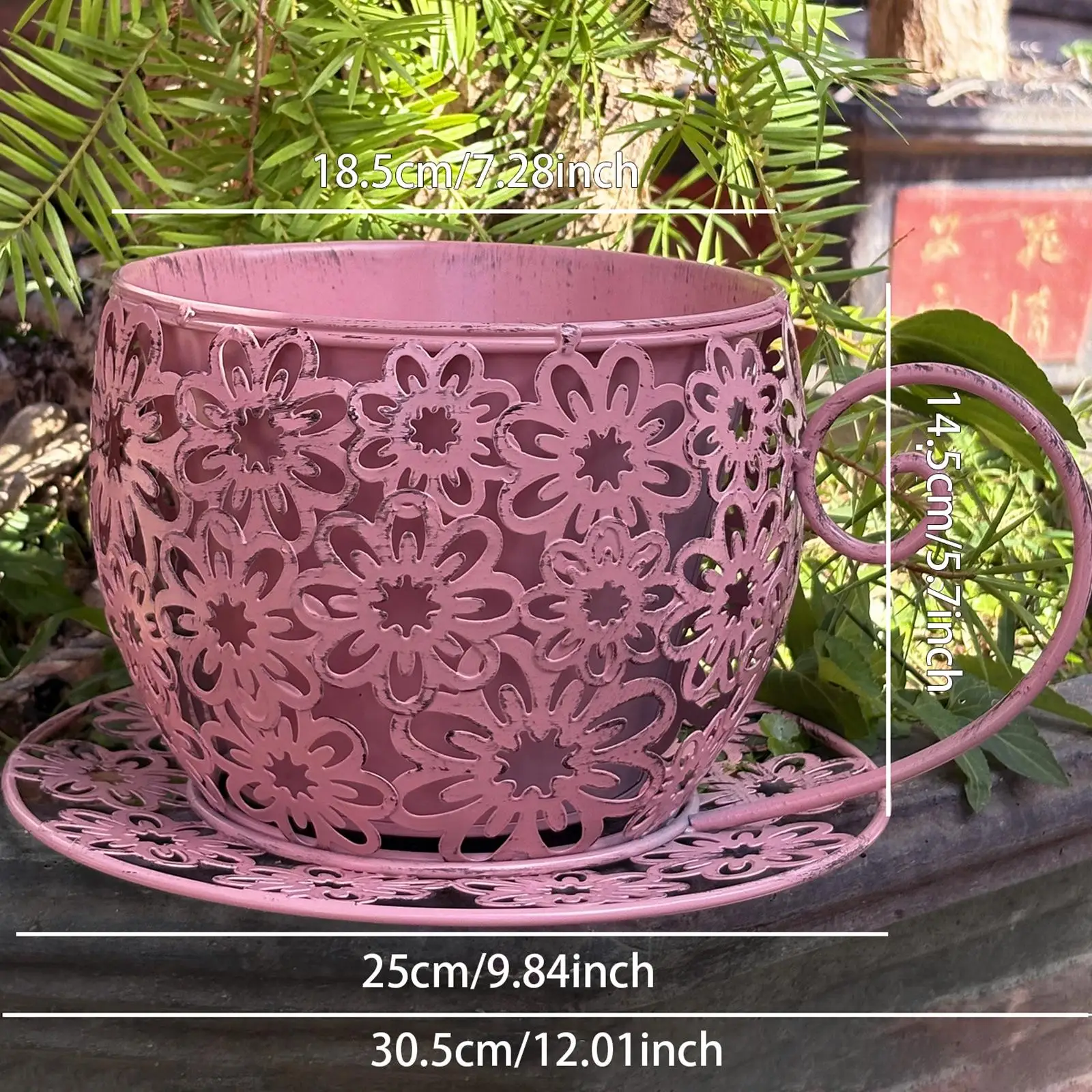 Creative Iron Planter Pot Elegant Teacup Flower Vase Vintage Art Balcony Decor for Indoor Outdoor Use