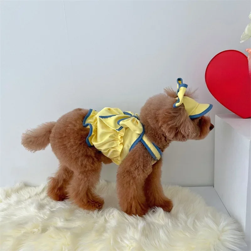 Vestido amarillo para mascotas, ropa de verano para perros, Teddy para gatos, ropa pequeña y fresca, camiseta sin mangas a la moda, sombrero para perros pequeños, falda para cachorros - imagen 2