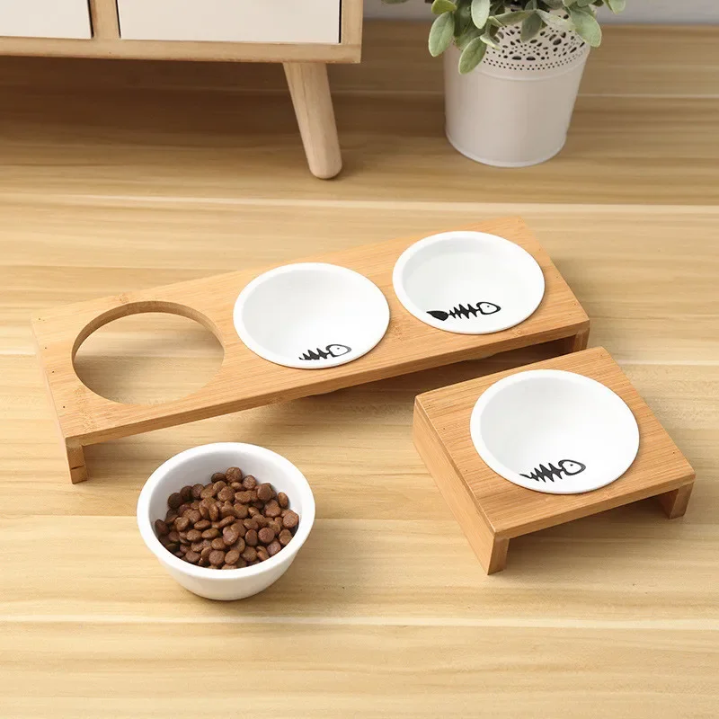 Cute Fishbone Cat Bowl Ceramic Pet Feeding Bowls with Bamboo Stand Single/Double/Three Cat Bowl Dog Feeders Pet Product - imagen 2