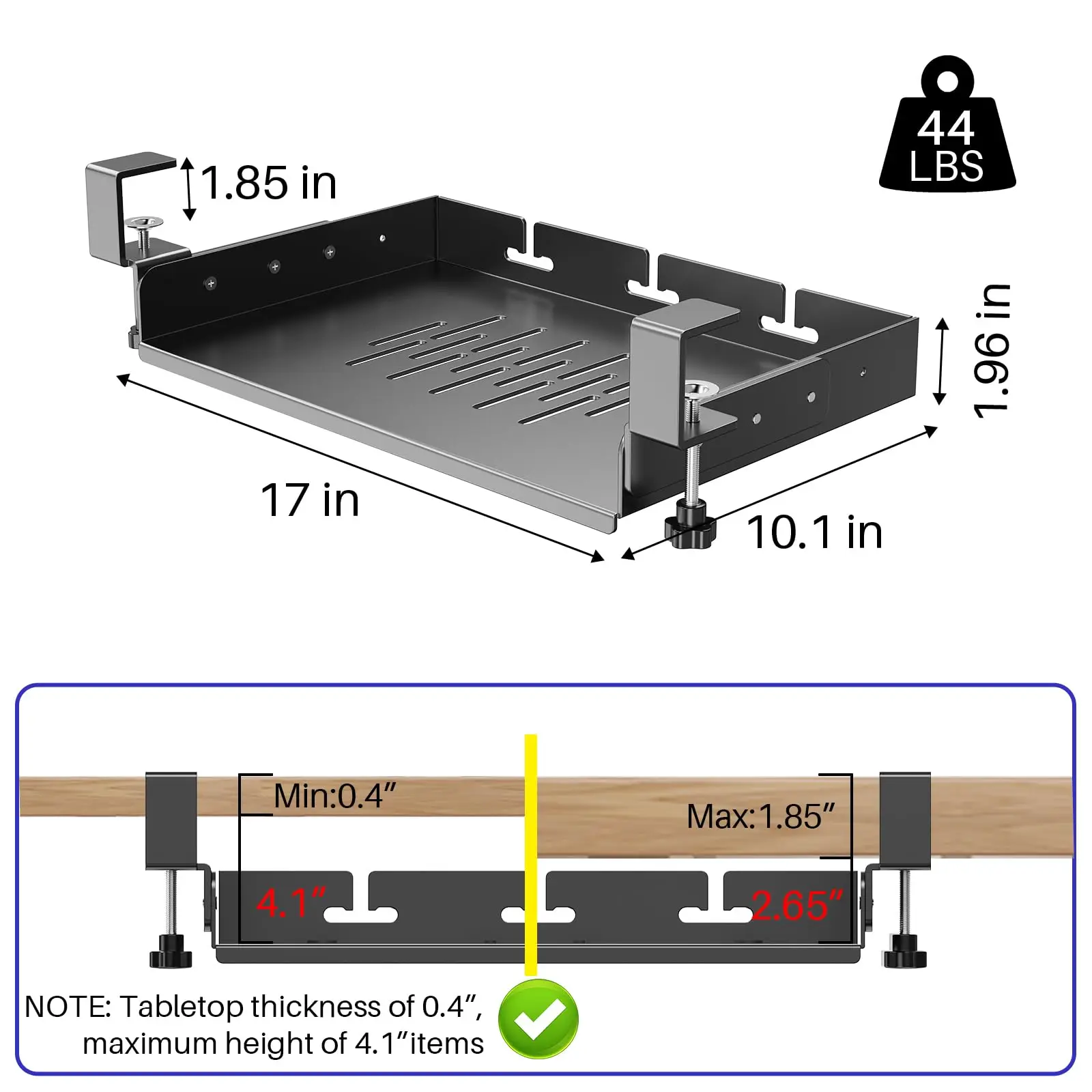 Soporte para computadora portátil sin taladro debajo del escritorio, estante de almacenamiento de metal debajo del escritorio con gestión de cables, bandeja de almacenamiento para computadora portátil para oficina, juegos