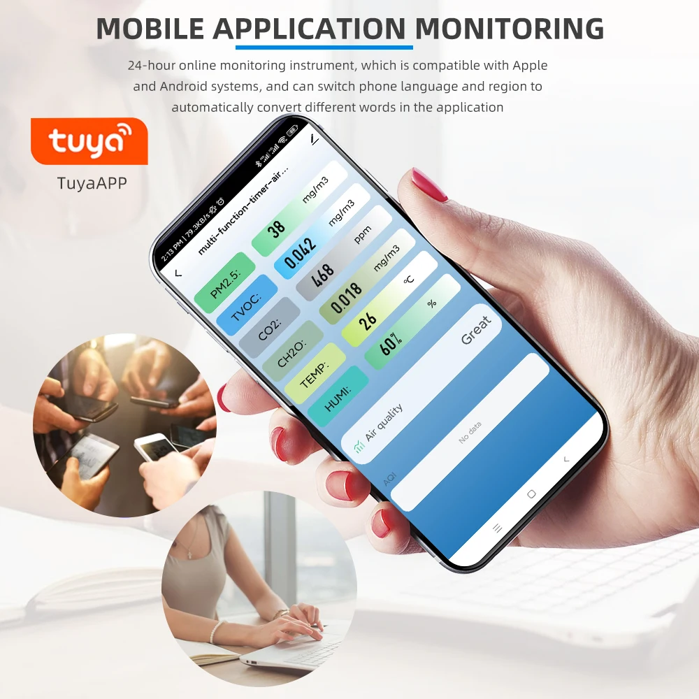 Detector de calidad del aire multifuncional WIFI, Monitor inteligente de temperatura y humedad PM2.5 CO2 TVOC HCHO con visualización de hora y fecha - imagen 2