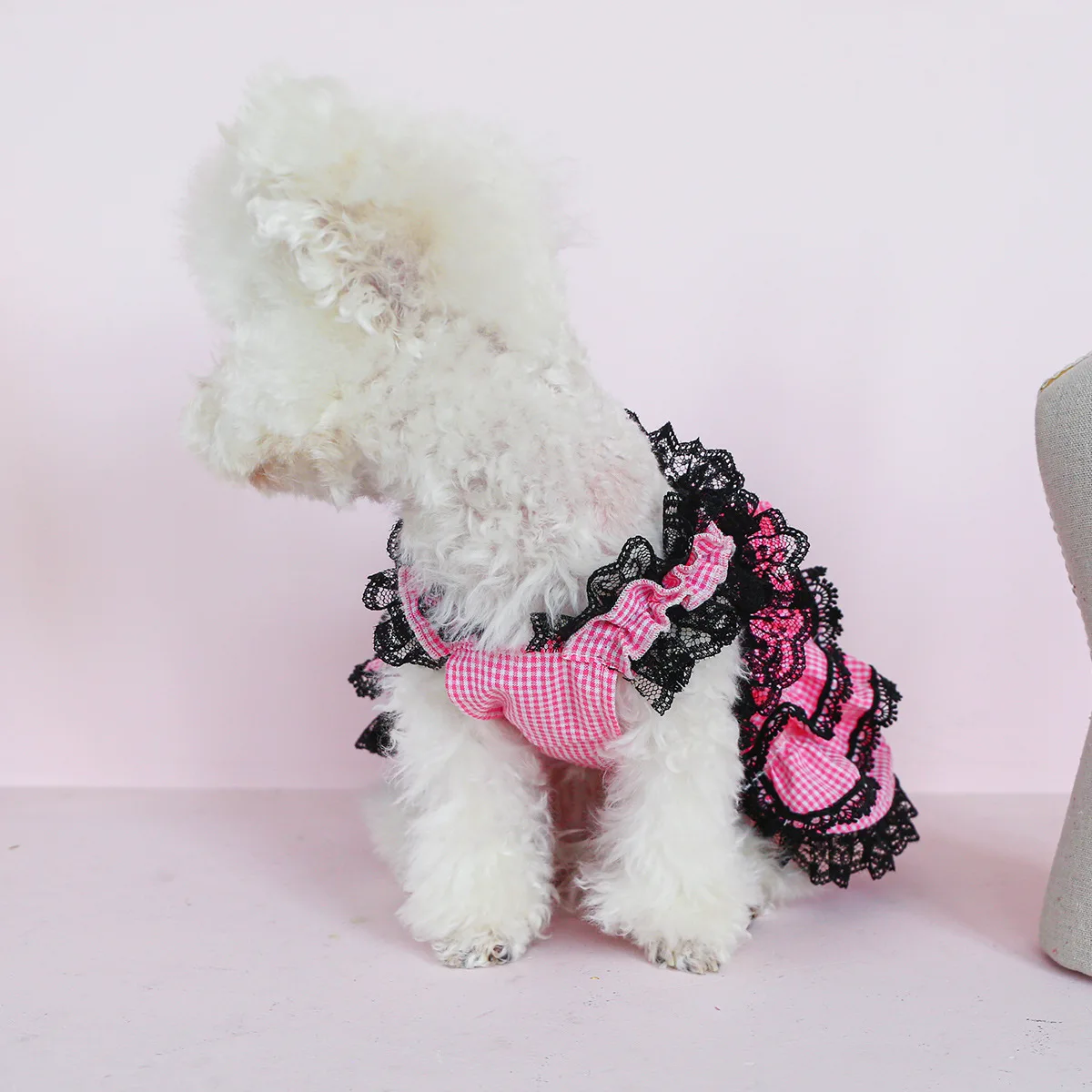 Vestido con lazo de primavera para mascotas, ropa informal de princesa para perros pequeños y medianos con tirantes a cuadros rosas y flores, ropa para cachorros - imagen 4