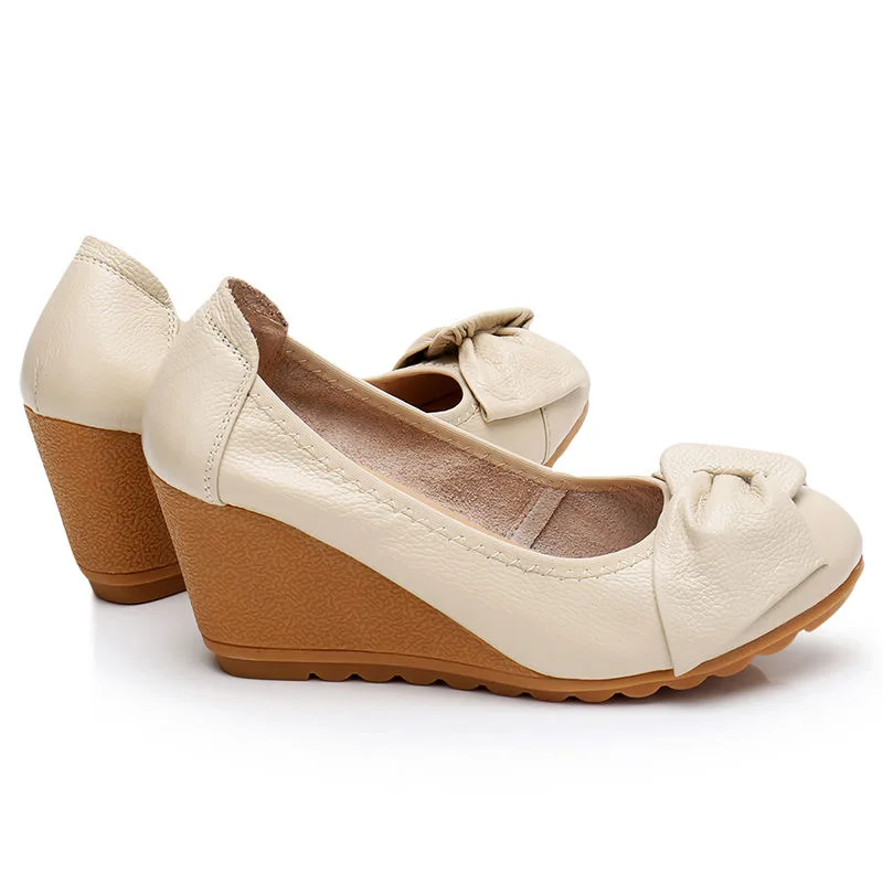 Zapatos de cuña de cuero genuino para mujer, tacones altos de 7cm, elegantes, color negro puro, Beige, suaves y cómodos - imagen 5