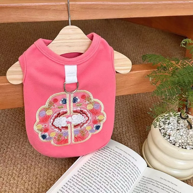 Chaleco de tracción bordado con hebilla de oso de peluche para perro y gato, ropa de perro de diseñador, estilo chino, primavera y verano, nuevo - imagen 4