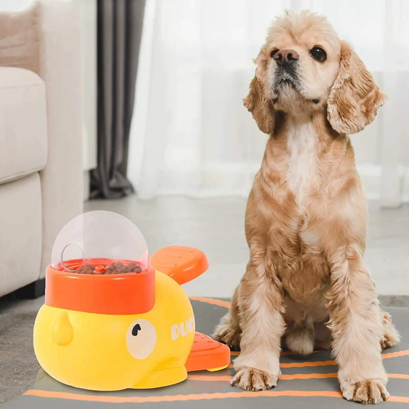 Alimentador interactivo para mascotas, pato amarillo pequeño, dispositivo de entrenamiento para gatos y perros, dispensación de alimentos por presión, alimentador automático, 1 Uds.