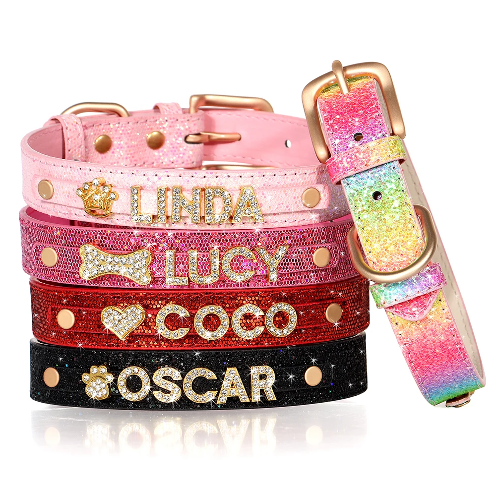 Collar de perro personalizado con diamantes de imitación, Collar de lentejuelas, hebilla de aleación, collares con nombre de gato, grabado gratis para perros pequeños y grandes - imagen 5