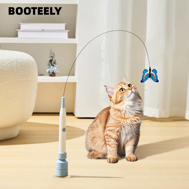BOOTEELY, ventosa eléctrica, juguete para gatos, mariposa, juguete para gatos voladores, juguete para gatos autoentrenante, varilla larga, juguete para gatos de alambre de acero