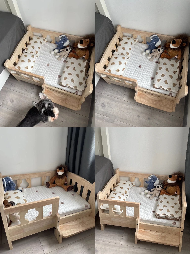 Cama de madera maciza para mascotas, marco de cama de madera para perros, muebles tipo perrera, productos para mascotas, soporte de cama, valla elevada, esquinas redondeadas para gatos y perros - imagen 5