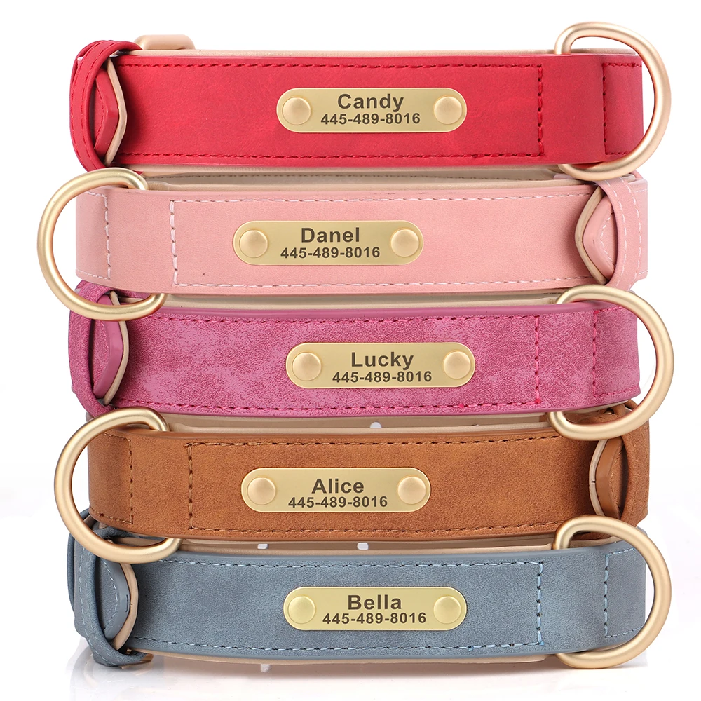 Collar de perro personalizado, collares de cuero PU suave para perros, Collar de identificación de perros acolchado de cuero para perros pequeños, medianos y grandes, color rosa Pug - imagen 2