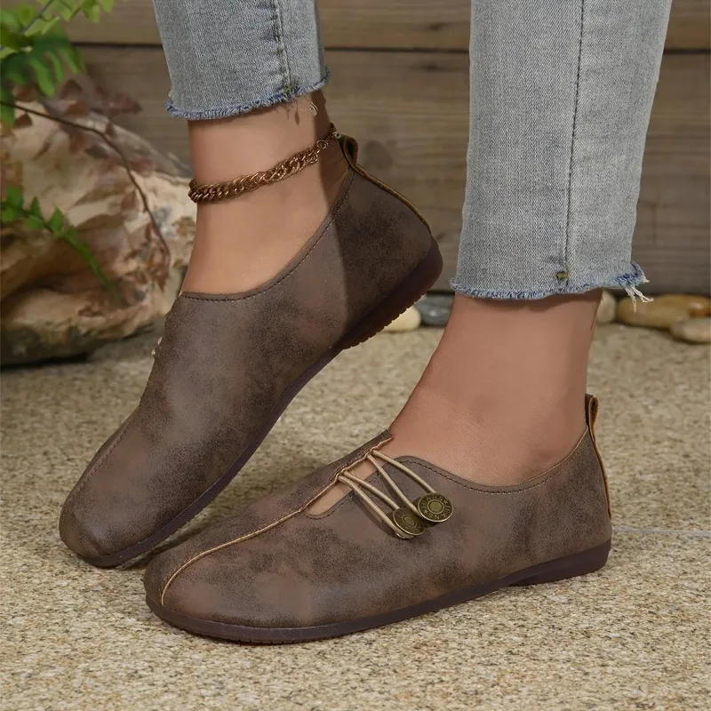 Cómodos zapatos planos con punta redonda y suela suave para mujer, con hebilla decorada, color sólido, informal, transpirable, diseño sin cordones fácil - imagen 3